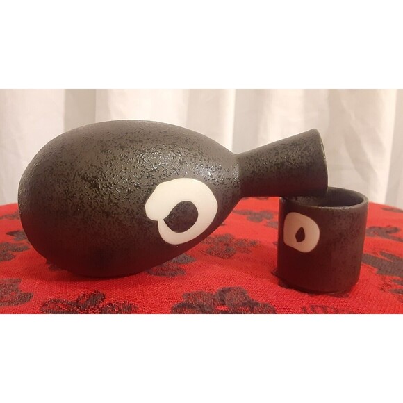 Sake Set for One, Black with White, Salt Glaze (Orangepeel Texture) MCI Japan - Picture 4 of 7